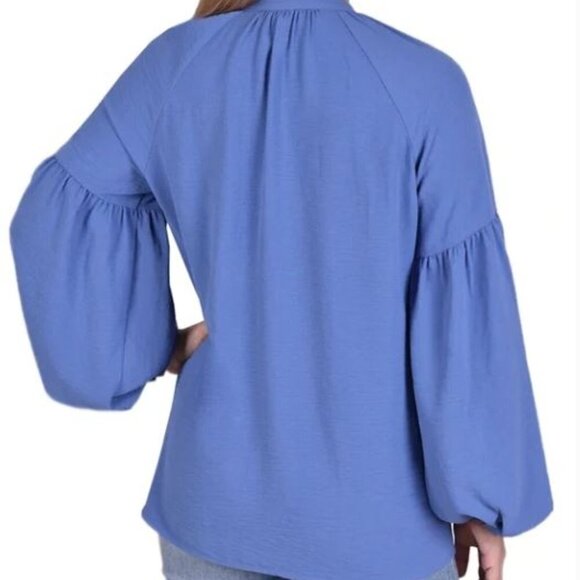 NY Collection Balloon Sleeve Peasant Blue Blouse Plus Size 2X (18/20) - Picture 4 of 15